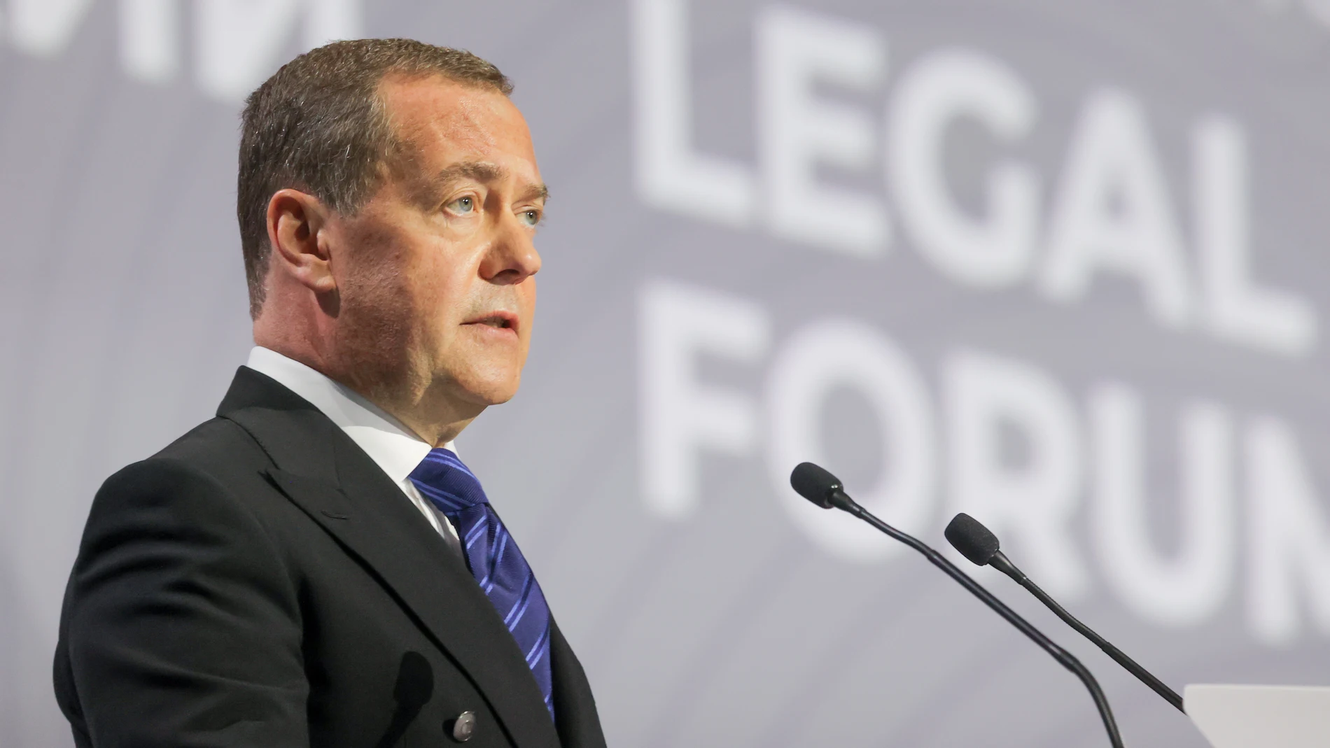 RUSSIA, ST PETERSBURG - MAY 20, 2025: Dmitry Medvedev, Deputy Chairman of the Security Council, Chairman of United Russia, addresses a plenary session at the 13th St Petersburg International Legal Forum at the ExpoForum Convention and Exhibition Centre Europa Press/Contacto/Yekaterina Shtukina 20/05/2025 ONLY FOR USE IN SPAIN