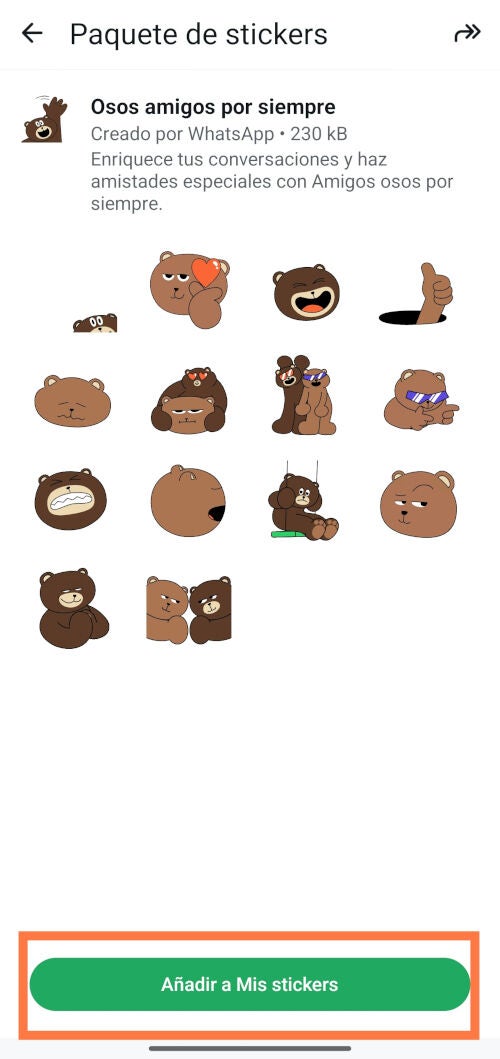 Botón para ampliar el paquete de stickers con el seleccionado