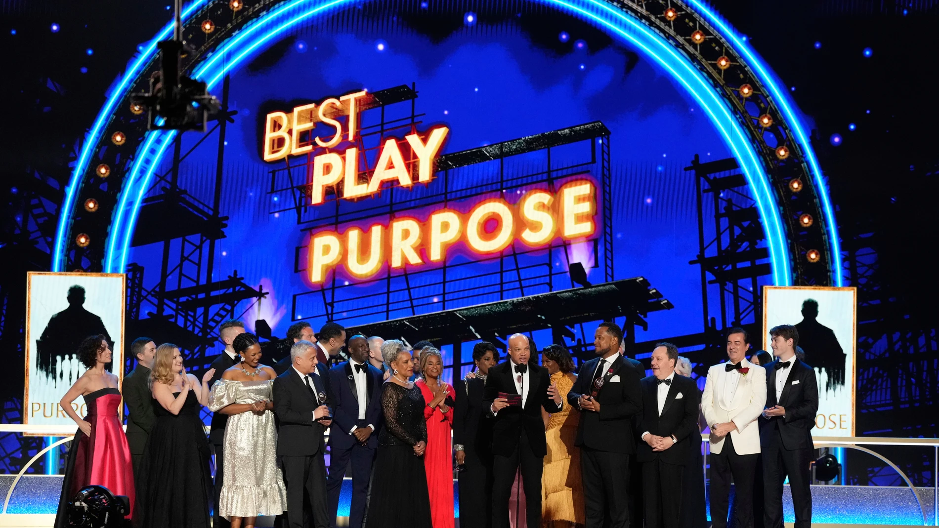 The cast and crew of the play "Purpose" accept the award for best play during the 78th Tony Awards on Sunday, June 8, 2025, at Radio City Music Hall in New York. (Photo by Charles Sykes/Invision/AP)