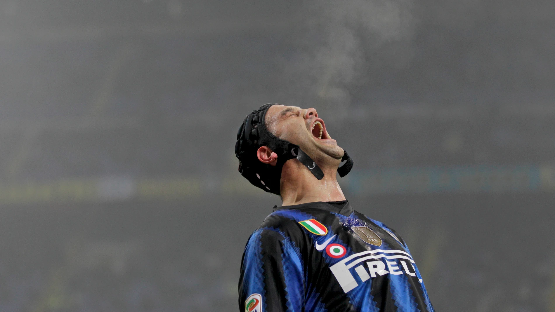 FILE - Inter Milan Romanian defender Cristian Chivu reacts after missing a scoring chance during a Serie A soccer match between Inter Milan and Cesena at the San Siro stadium in Milan, Italy, Wednesday , Jan. 19, 2011. (AP Photo/Luca Bruno, file)