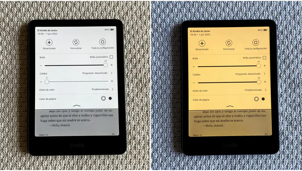 La calidez de pantalla mínima y máxima que ofrece el Kindle Colorsoft