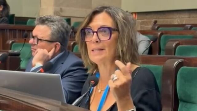 Portavoz de UE del PP en la Comisión Mixta para Union Europea en el Congreso de los Diputados, Milagros Marcos, durante una de sus interbenciones en la reunión de Palamentos europeos en Varsovia