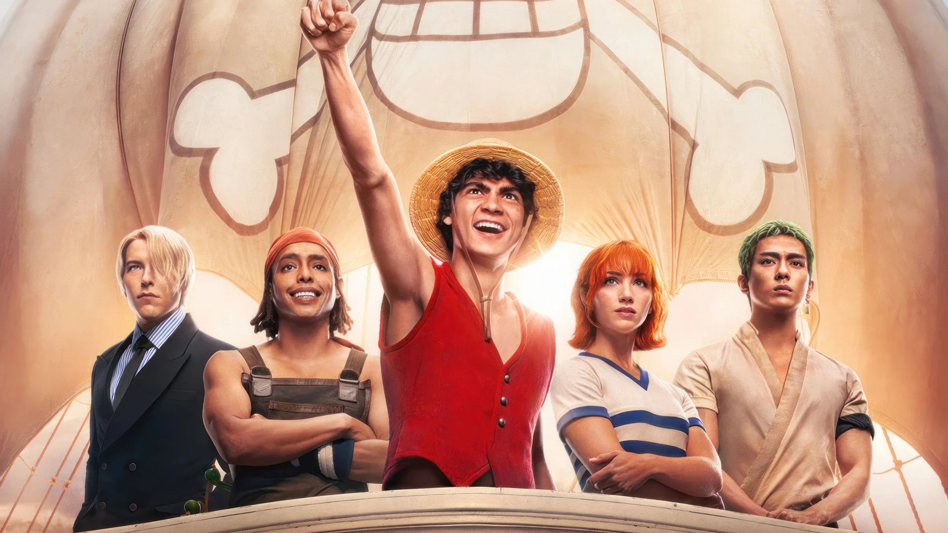 Luffy, Zoro, Nami, Usopp y Sanji forman la primera alineación de la tripulación en la serie