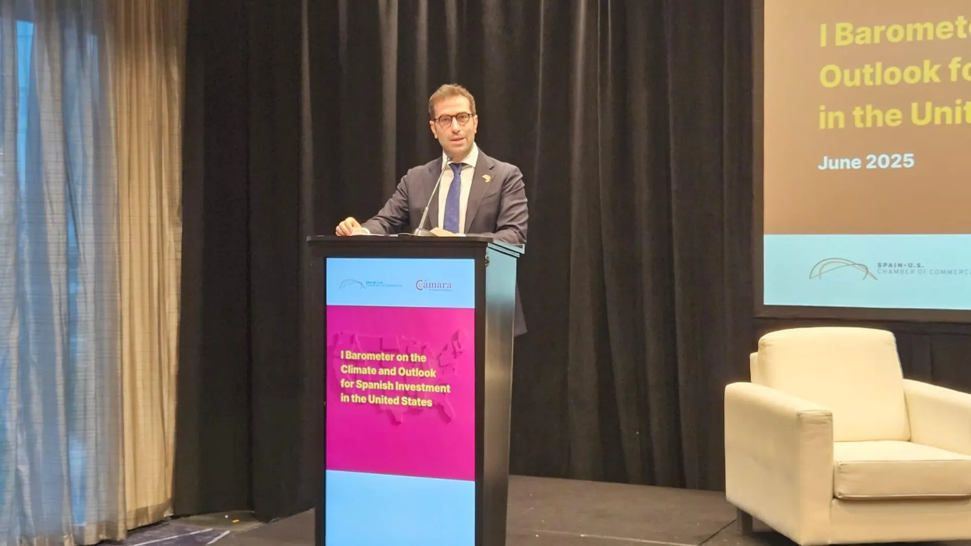 El ministro Carlos Cuerpo en la presentación del barómetro en Houston