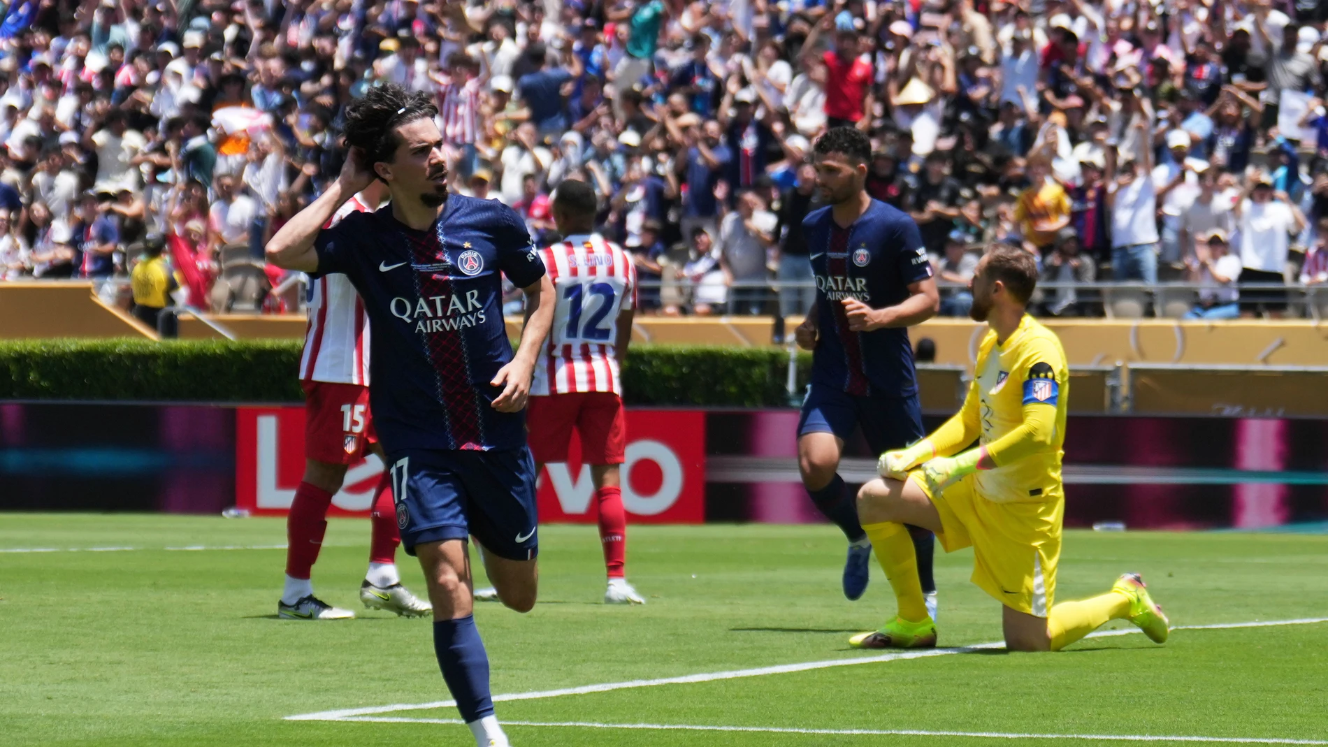 Paris Saint-Germain's Vitinha celebrates scoring his side's second goal during the Club World Cup group B soccer match between PSG and Atletico Madrid in Pasadena, Calif., Sunday, June 15, 2025. (AP Photo/Jae Hong)