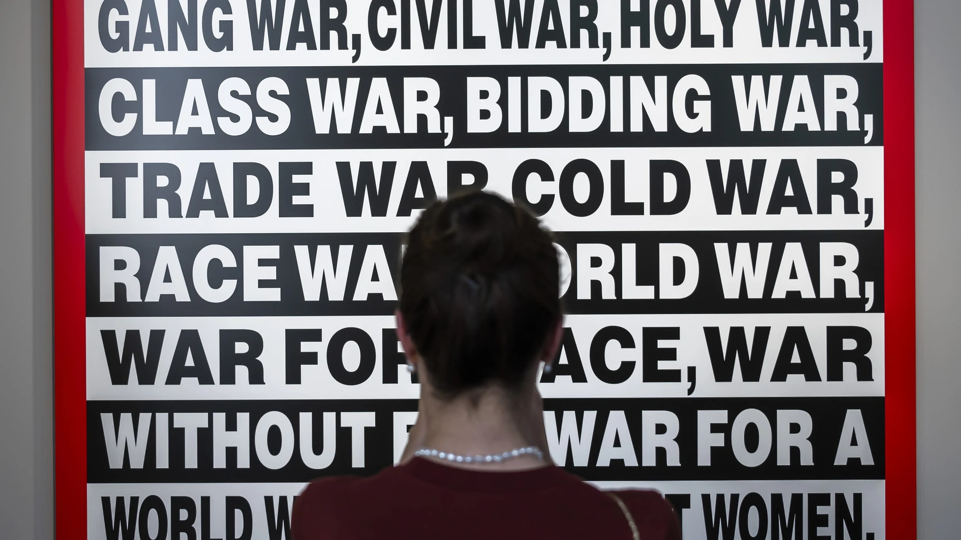 Basel (Switzerland), 17/06/2025.- The artwork 'War Time, War Crime' (2025) by US_American artist Barbara Kruger is on display at the Preview of the international art show Art Basel 2025, in Basel, Switzerland, 17 June 2025. (Suiza, Basilea) EFE/EPA/GEORGIOS KEFALAS