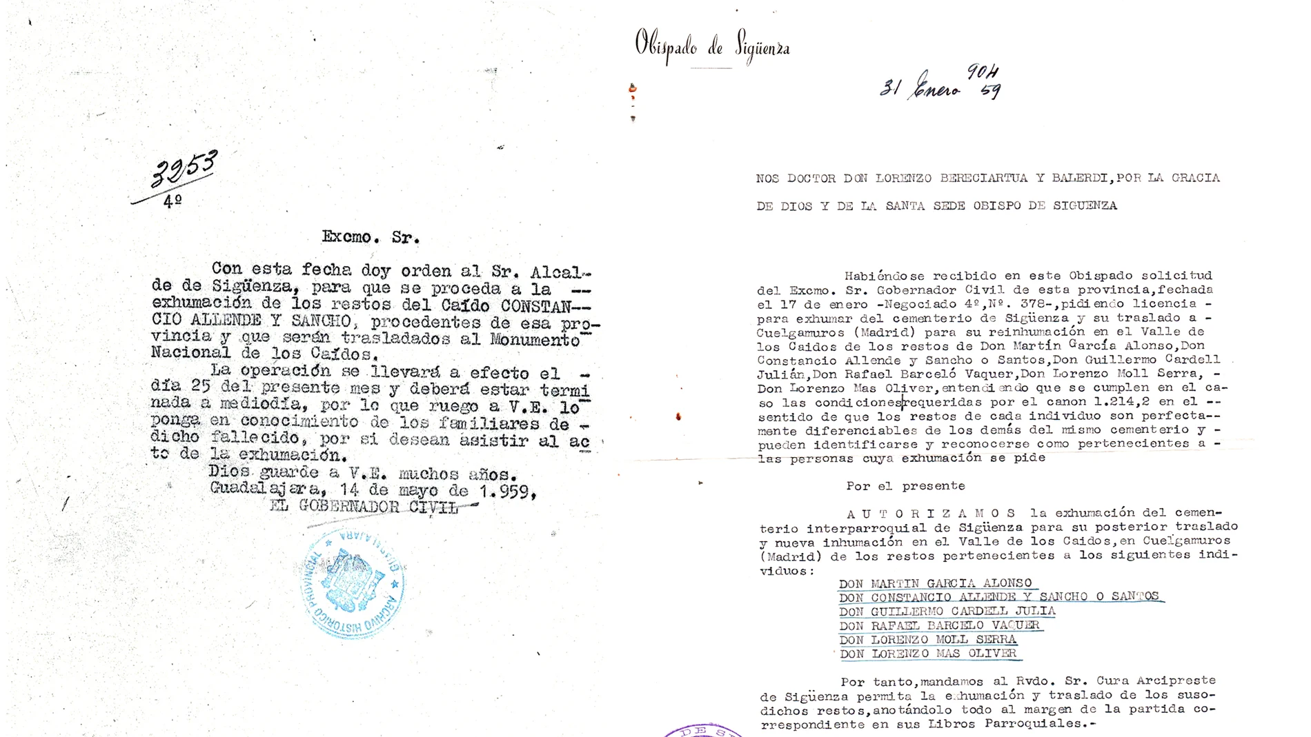 Documentos emitidos por el Gobierno Civil y el Obispado de Sigüenza