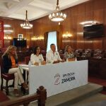 El presidente de la Diputación de Zamora, Javier Faúndez Domínguez, la vicepresidenta tercera y diputada de Fondos Europeos, Amaranta Ratón Fresno, explican la situación a los representantes de las entidades locales