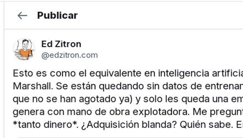 La publicación de Ed Zitron en la red social alternativa a X