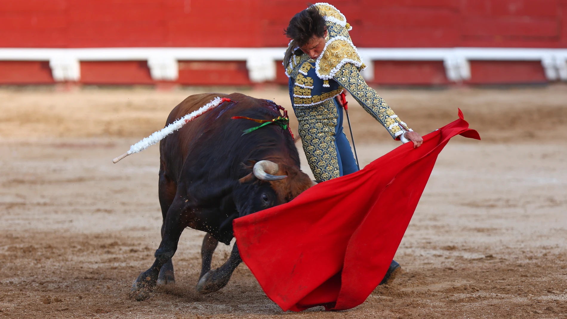 TOLEDO, 19/06/2025.- El diestro peruano Andrés Roca Rey en la lidia a su primer astado durante al festejo taurino del Corpus Christi, este jueves en la plaza de toros de Toledo. EFE/ Ismael Herrero