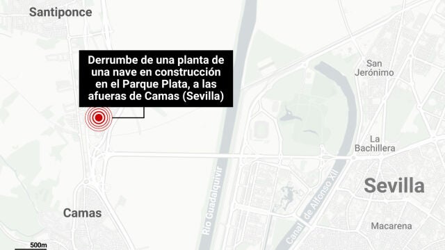 Mapa que muestra el lugar donde se ha producido en derrumbe en Camas (Sevilla)