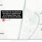 Mapa que muestra el lugar donde se ha producido en derrumbe en Camas (Sevilla)