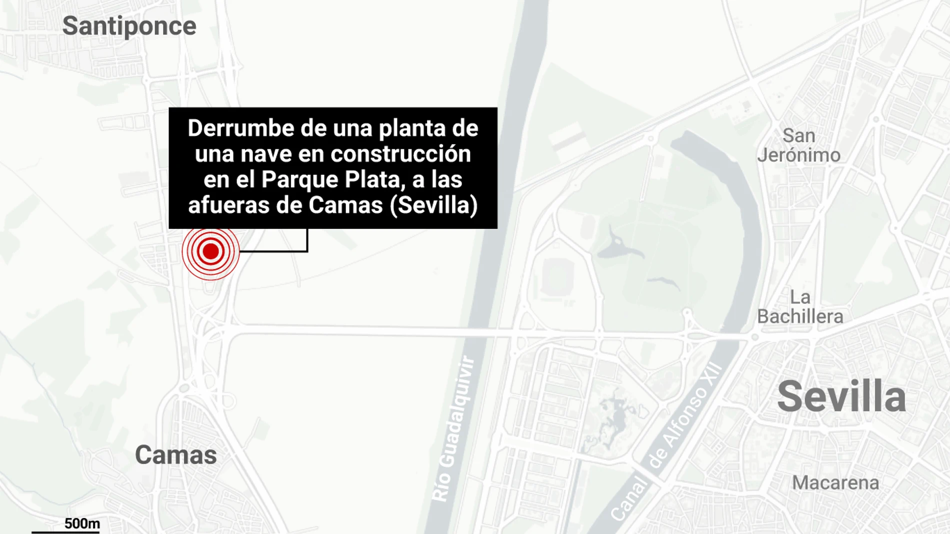 Mapa que muestra el lugar donde se ha producido en derrumbe en Camas (Sevilla)