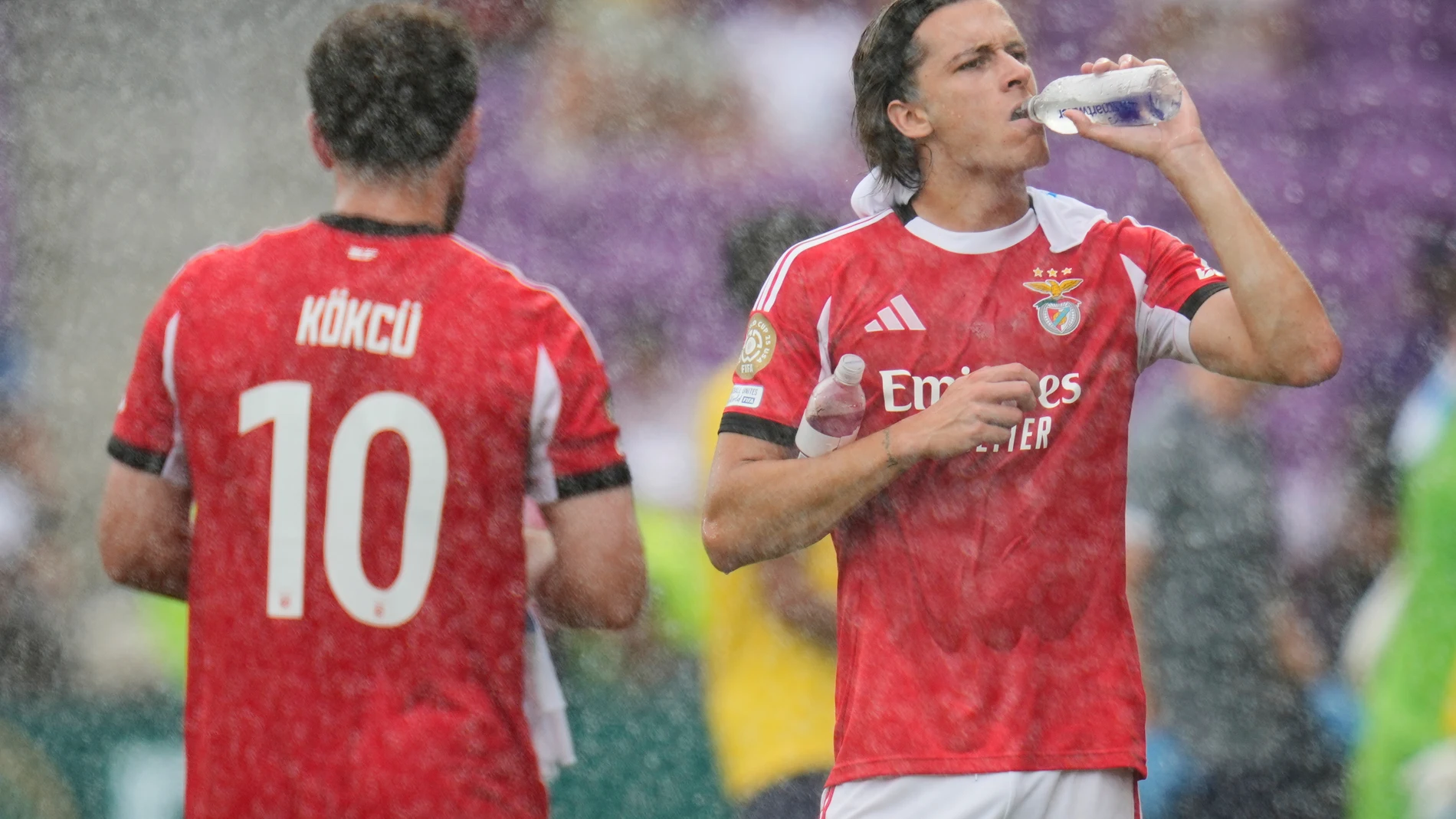 Benfica's Alvaro Carreras drinks water during the Club World Cup Group C soccer match between Benfica and Auckland City in Orlando, Fla., Friday, June 20, 2025. (AP Photo/John Raoux)