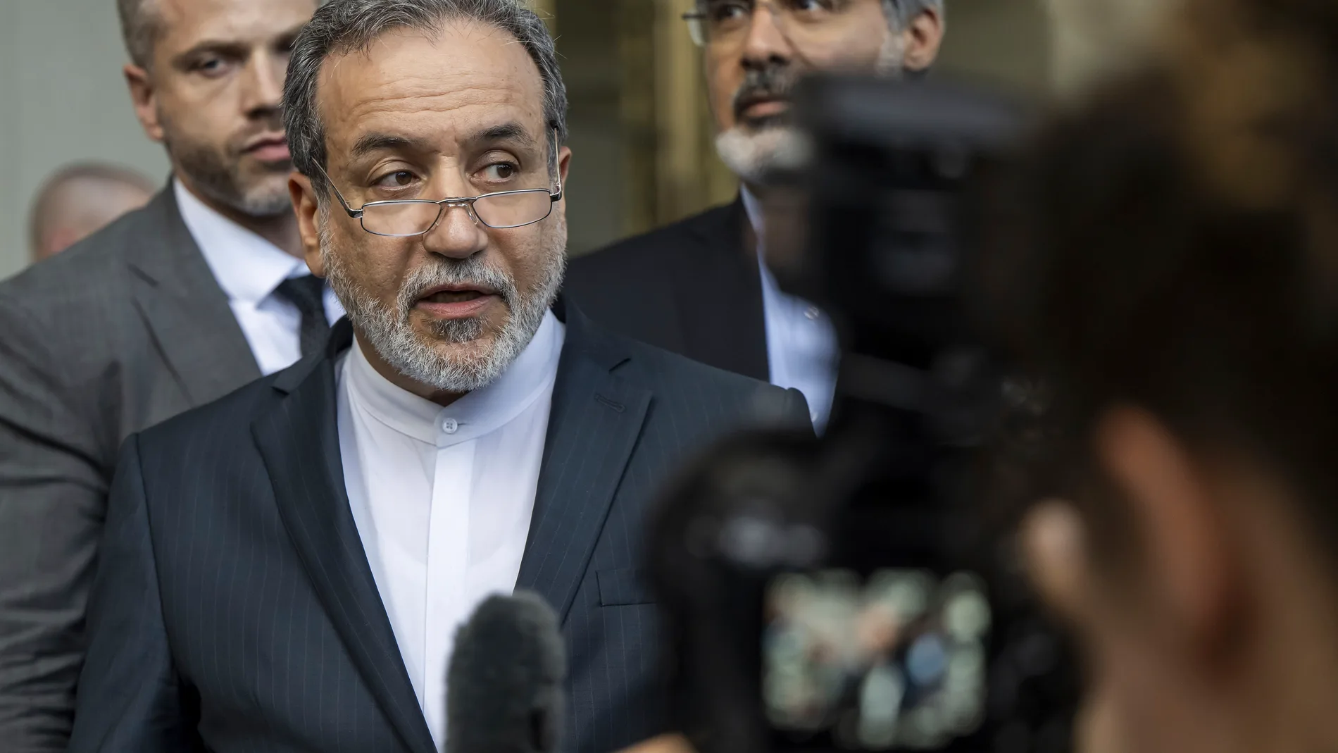 Iranian Foreign Minister Abbas Araghchi, speaks to the media after an Iran-EU nuclear meeting, in Geneva, Switzerland, Friday, June 20, 2025. (Martial Trezzini/Keystone via AP)