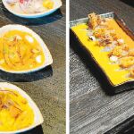 De izquierda a derecha, cóctel, trío de cebiches, tiradito y pisco sour