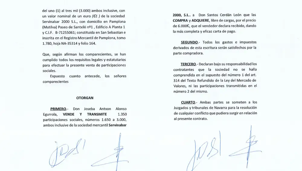 La UCO entrega al Supremo el contrato que prueba que Santos Cerdán adquirió el 45% de la constructora Servinabar.