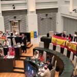 Guerra de banderas en el Pleno de Cibeles: Vox contesta con tres enseñas españolas a la arcoíris del PSOE