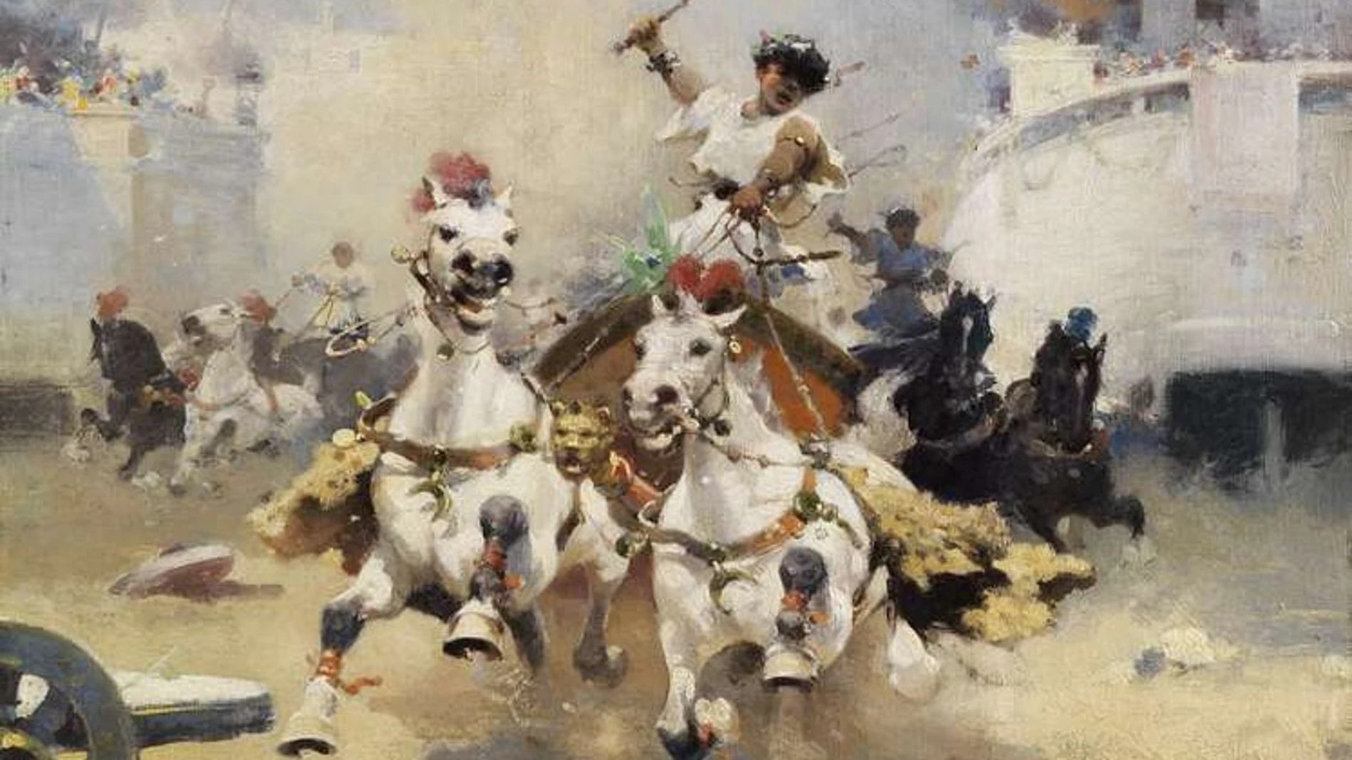 Obra "Carrera en la Arena Romana", pintada por Alfredo Tominz