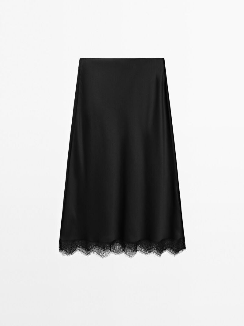 Falda midi satinada detalle encaje.