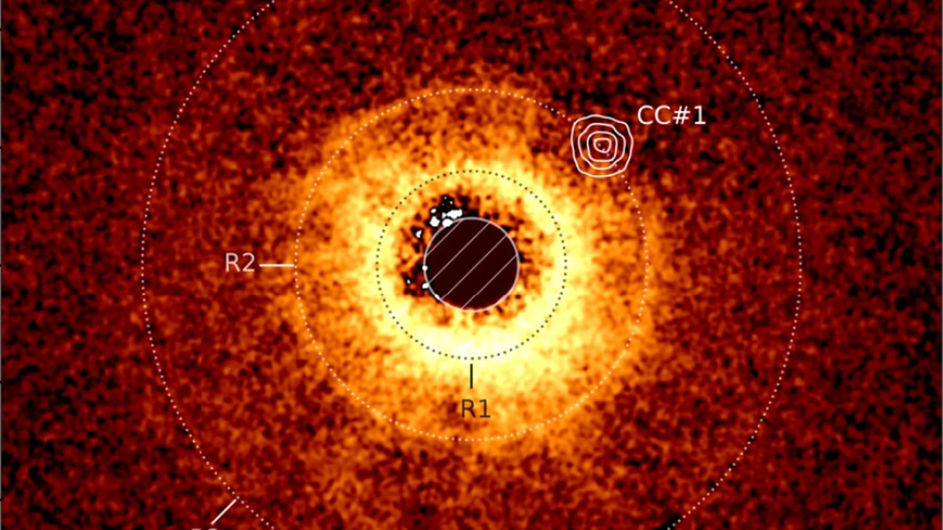 Imagen del disco alrededor de la estrella TWA 7 en la que podemos percibir un área vacía alrededor de TWA 7 B en el anillo R2 que corresponde al exoplaneta descubierto (CC n.º 1).