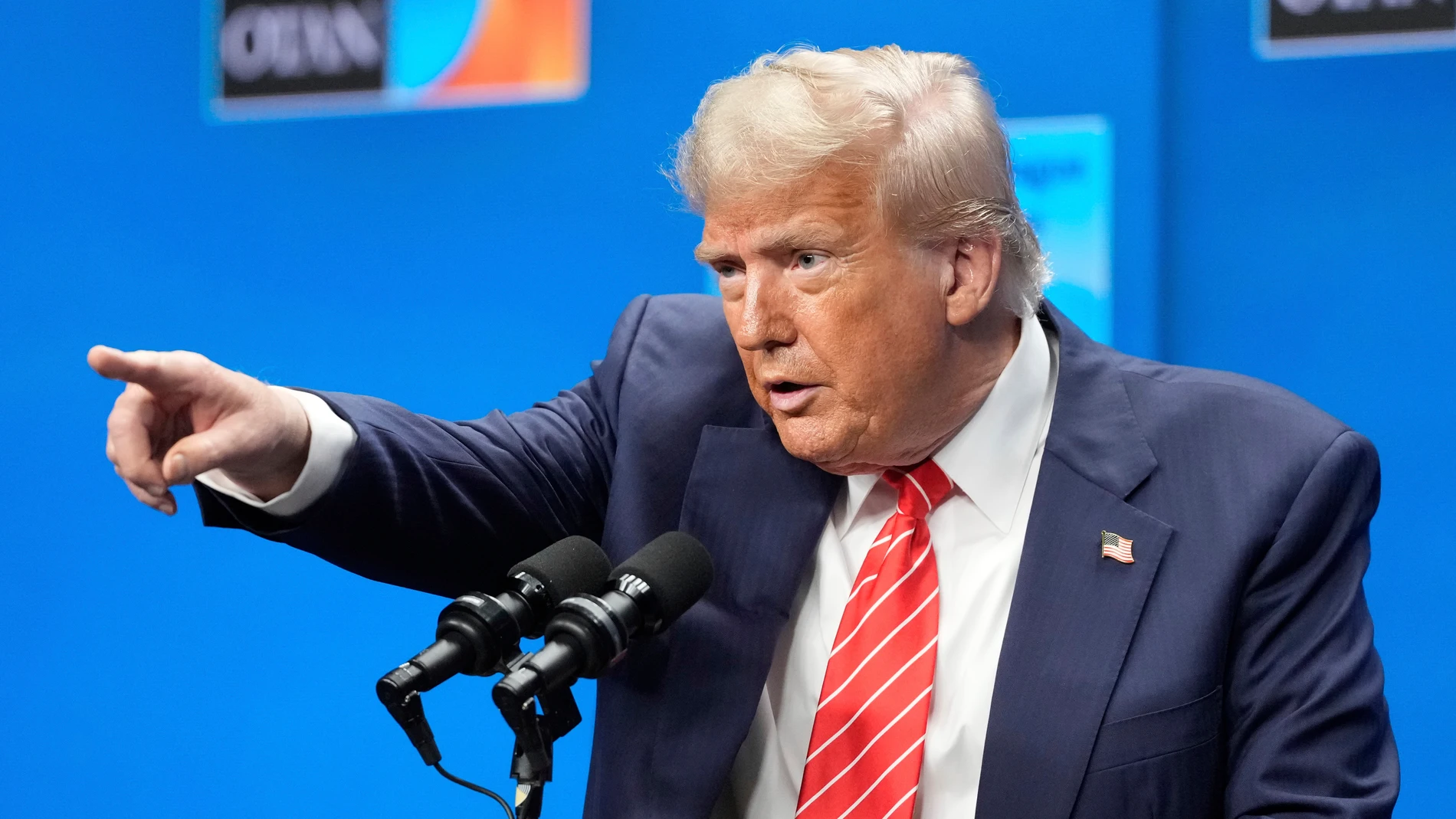 President Donald Trump gestures during a press conference after the plenary session at the NATO summit in The Hague, Netherlands, Wednesday, June 25, 2025. (AP Photo/Markus Schreiber)