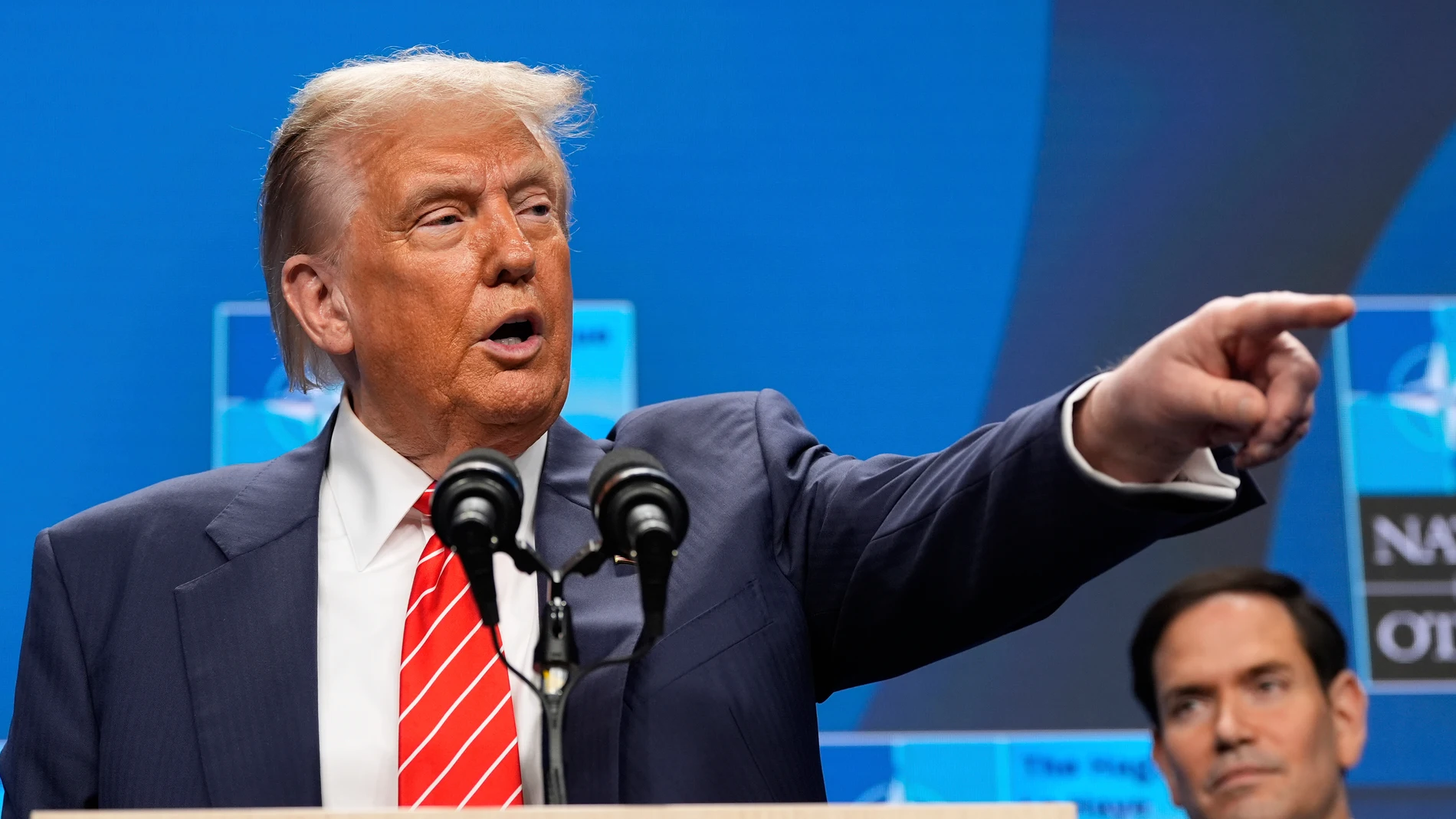 President Donald Trump points as he speaks during a media conference at the end of the NATO summit in The Hague, Netherlands, Wednesday, June 25, 2025. (AP Photo/Alex Brandon)