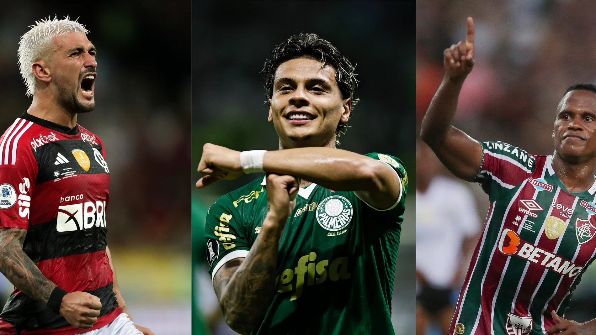 AME8504. BOGOTÁ (COLOMBIA), 25/06/2025.- Combo de fotografías que muestra de izquierda a derecha a los jugadores Giorgian De Arrascaeta del Flamengo, Richard Ríos de Palmeiras, Jhon Arias de Fluminense e Igor Jesus de Botafogo. La clasificación de Fluminense a octavos de final del Mundial de Clubes, luego del empate este miércoles ante el sudafricano Mamelodi Sundowns, certificó el pleno de los equipos brasileños en la siguiente ronda, después de una fase de grupos en la que han rozado el inv...