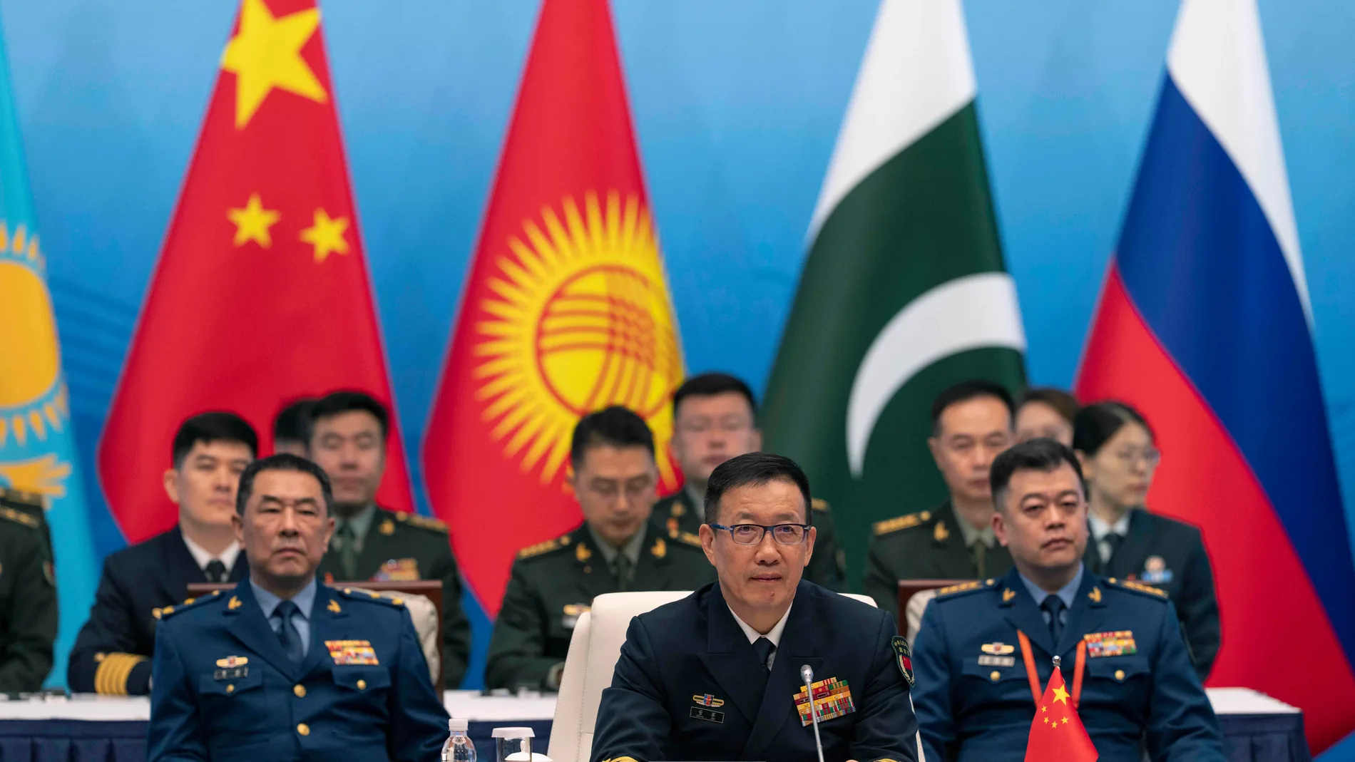Chinese Defense Minister Dong Jun, center, hosts the Defense Ministers' Meeting of the Shanghai Cooperation Organization Members States in Qingdao in eastern China's Shandong province on Thursday, June 26, 2025. (AP Photo/Ng Han Guan)