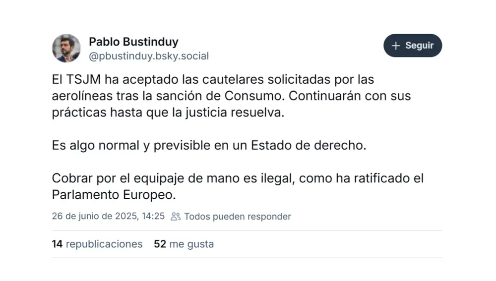 Post de Pablo Bustinduy sobre la decisión judicial