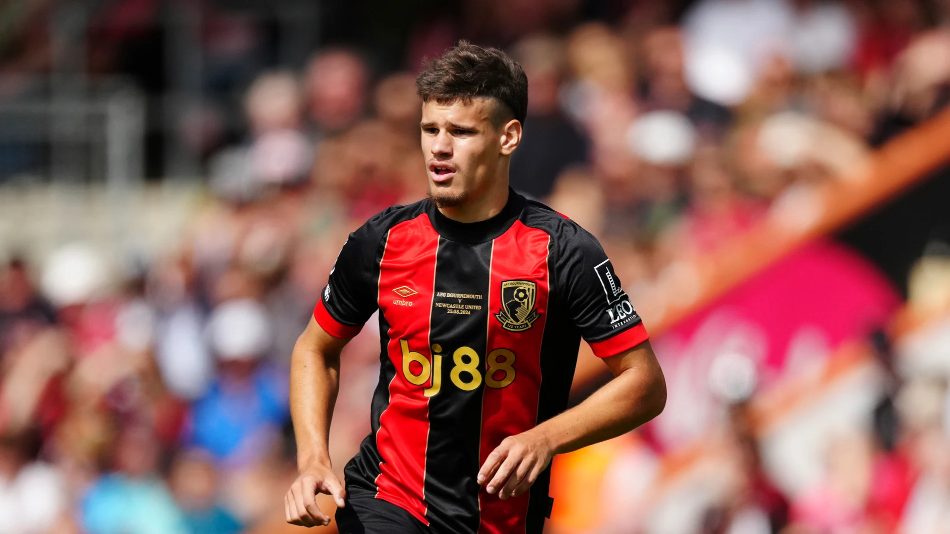 FILE - Bournemouth's Milos Kerkez runs into position during the English Premier League soccer match against Newcastle United, at the Vitality Stadium in Bournemouth, England, Aug. 25, 2024. (AP Photo/Dave Shopland, file)