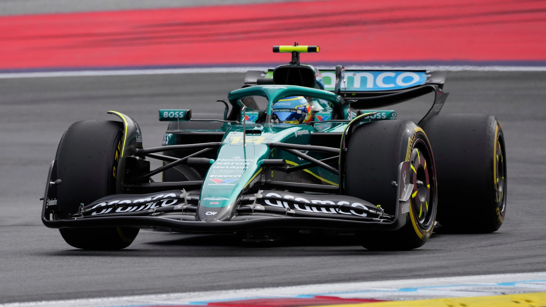 Aston Martin driver Fernando Alonso of Spain in action during the second free practice at the Red Bull Ring racetrack, ahead of the Austrian Formula One Grand Prix in Spielberg, Austria, Friday, June 27, 2025. (AP Photo/Darko Bandic)