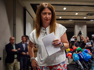 La exmilitante socialista Leire Díez, comparece desde el Hotel Novotel de Madrid, donde convocó a la prensa después de haberse reunido en Ferraz con el jefe de los servicios jurídicos del PSOE y haberse dado de baja como afiliada del PSOE.