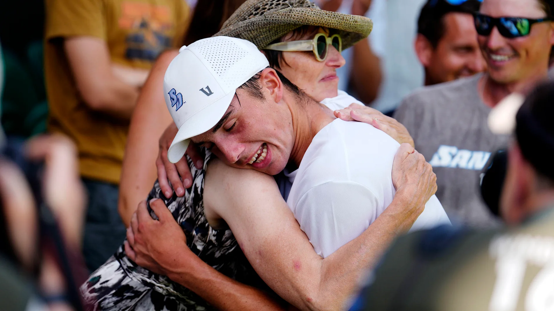 Britain's Oliver Tarvet celebrates winning his match against Switzerland's Leandro Riedi in the first round of the men’s singles at the Wimbledon Tennis Championships in London, Monday, June 30, 2025. ( Jordan Pettitt/PA via AP)