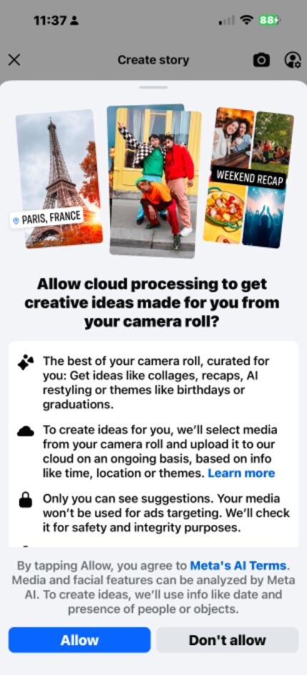 Facebook te pide permiso para usar el procesamiento en la nube.