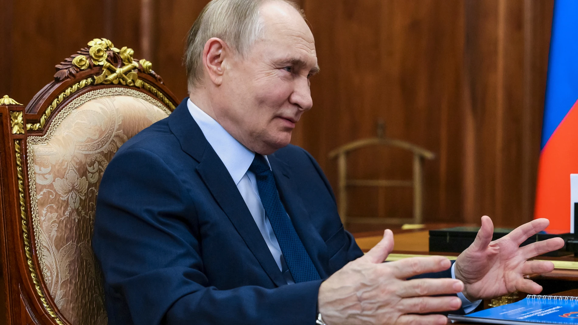 Russian President Vladimir Putin gestures while speaking to acting governor of Tambov region Evgeny Pervyshov during their meeting at the Kremlin in Moscow, Russia, Tuesday, July 1, 2025. (Gavriil Grigorov, Sputnik, Kremlin Pool Photo via AP)