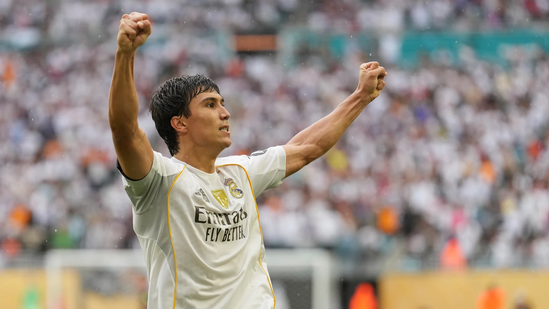 Real Madrid's Gonzalo Garcia celebrates after scoring during the Club World Cup round of 16 soccer match between Real Madrid and Juventus in Miami Gardens, Fla., Tuesday, July 1, 2025. (AP Photo/Rebecca Blackwell)