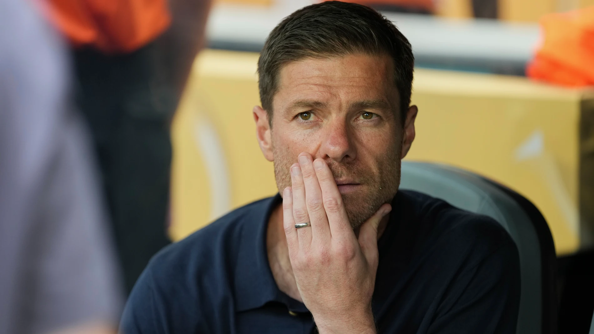 Real Madrid manager Xabi Alonso sits before the Club World Cup round of 16 soccer match between Real Madrid and Juventus in Miami Gardens, Fla., Tuesday, July 1, 2025. (AP Photo/Rebecca Blackwell)