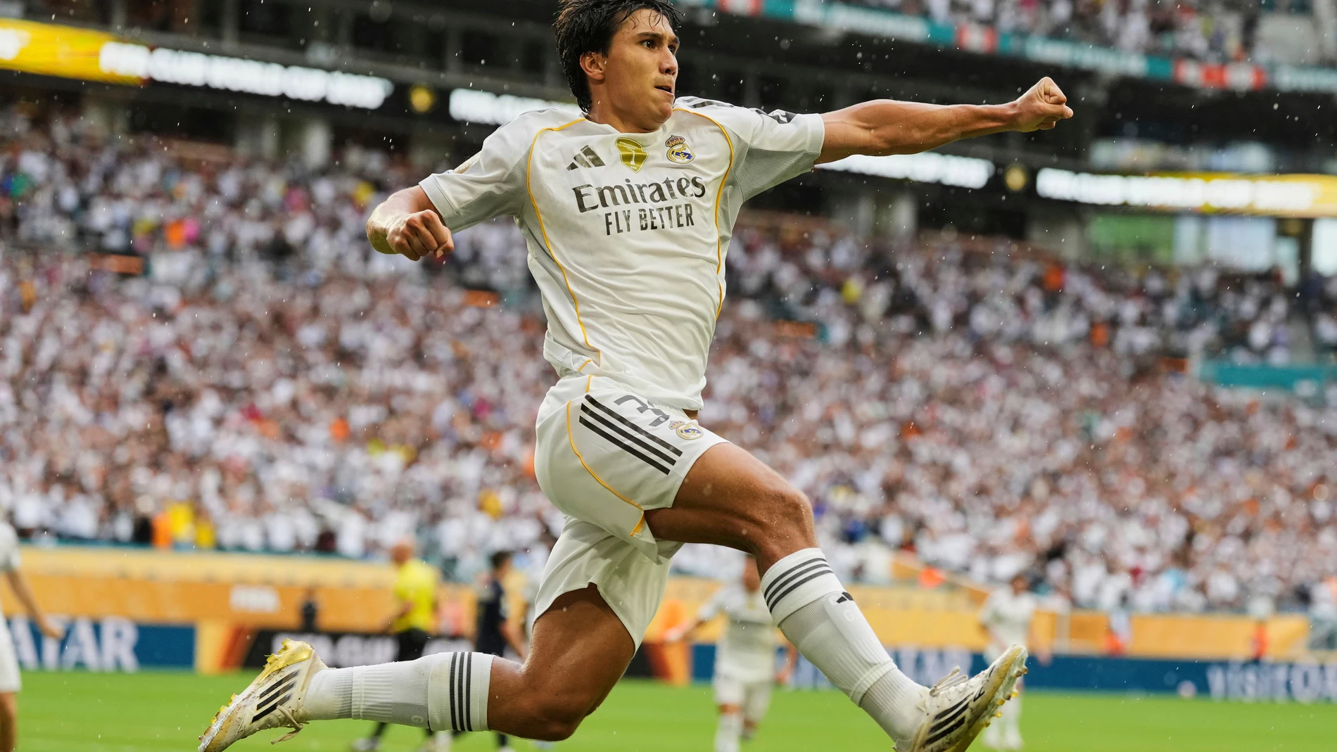 Real Madrid's Gonzalo Garcia celebrates after scoring during the Club World Cup round of 16 soccer match between Real Madrid and Juventus in Miami Gardens, Fla., Tuesday, July 1, 2025. (AP Photo/Rebecca Blackwell)
