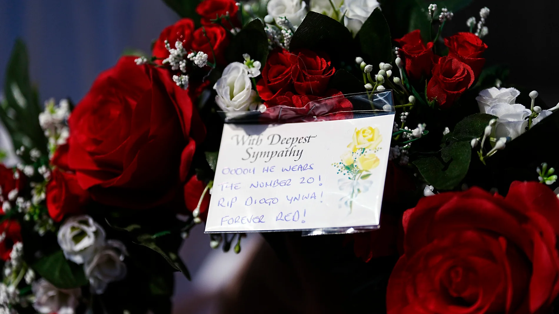 Tributes at Anfield Stadium, home of Liverpool, in memory of Liverpool player Diogo Jota, Thursday July 3, 2025. (Peter Byrne/PA via AP)