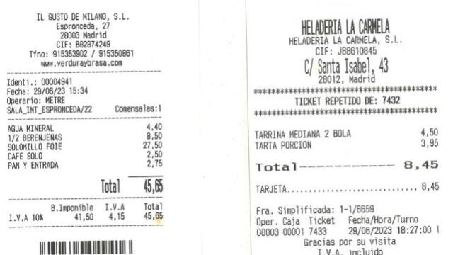 Tiques de dos facturas de la ex consellera Isaura Navarro (Compromís) cuando estaba en funciones