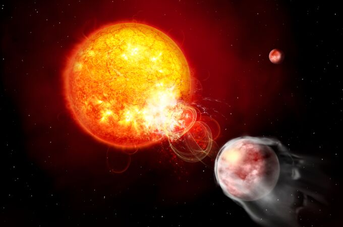 Ilustración del planeta HIP 67522 b provocando las explosiones en su estrella. 