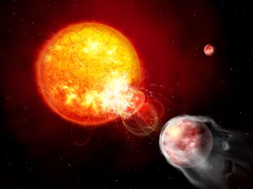 Ilustración del planeta HIP 67522 b provocando las explosiones en su estrella. 