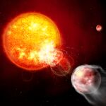 Ilustración del planeta HIP 67522 b provocando las explosiones en su estrella. 