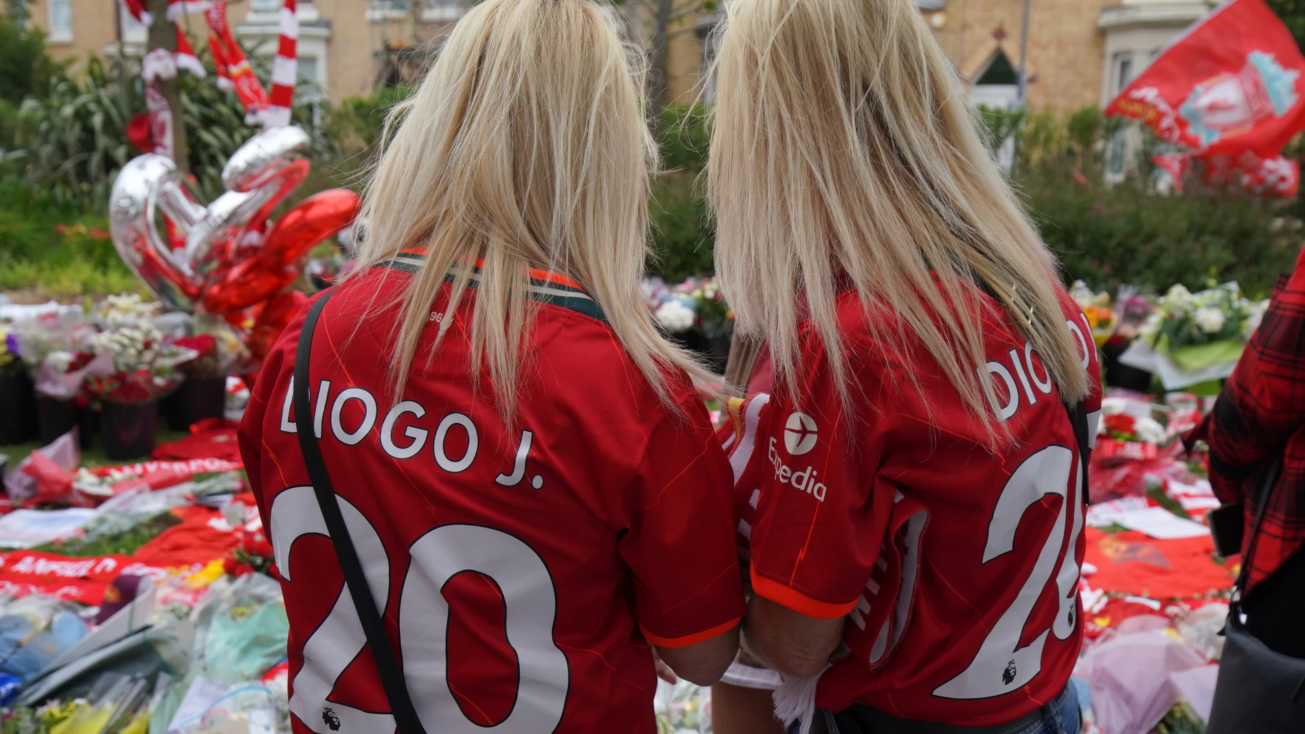 Football fans leave tributes in memory of Liverpool player Diogo Jota at Anfield Stadium, home of Liverpool FC in Liverpool, Friday, July 4, 2025.(AP Photo/Ian Hodgson)