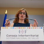 La ministra de Sanidad, Mónica García, en la rueda de prensa posterior al Consejo Interterritorial. David Jar