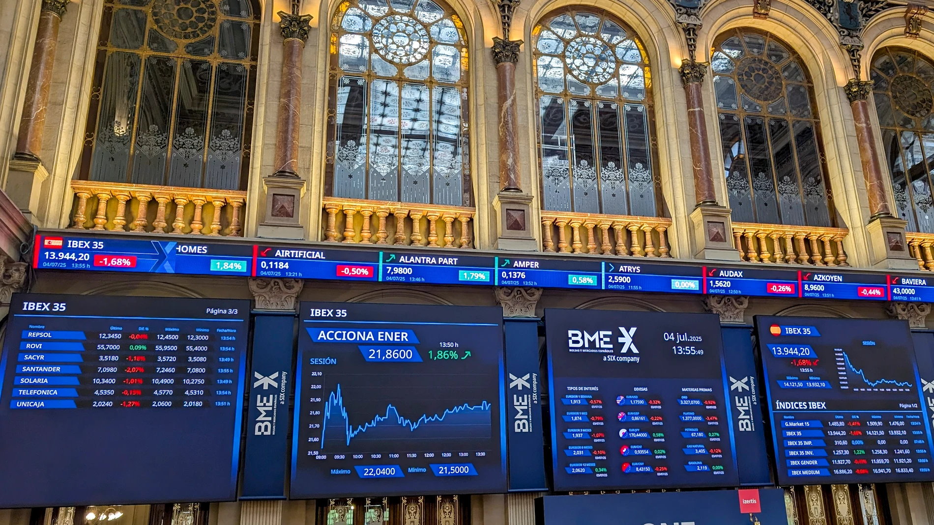 MADRID, 04/07/2025.- Pantalla que muestra la evolución de la bolsa, este viernes. La Bolsa española cae el 1,56 % afectada, al igual que el resto de Europa, por la amenaza del presidente de EE. UU., Donald Trump, de enviar cartas este viernes a cientos de países para informar sobre los aranceles, en una jornada en la que este país celebra el Día de la Independencia y Wall Street no abrirá. EFE/ Vega Alonso