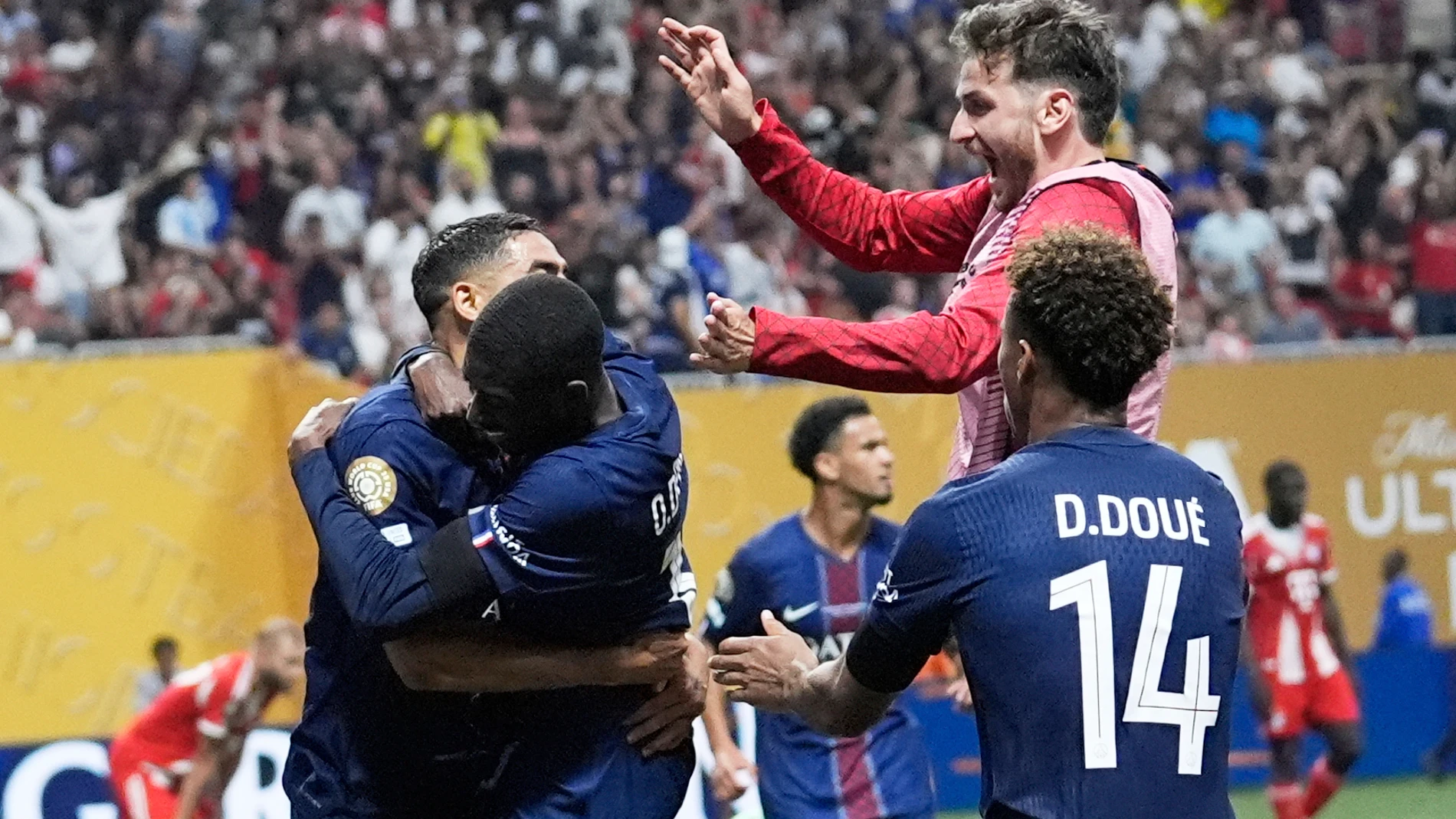 Paris Saint-Germain's Ousmane Dembele celebrates after scoring his team's second goal during the Club World Cup quarterfinal soccer match between PSG and Bayern Munich in Atlanta, Saturday, July 5, 2025. (AP Photo/Brynn Anderson)