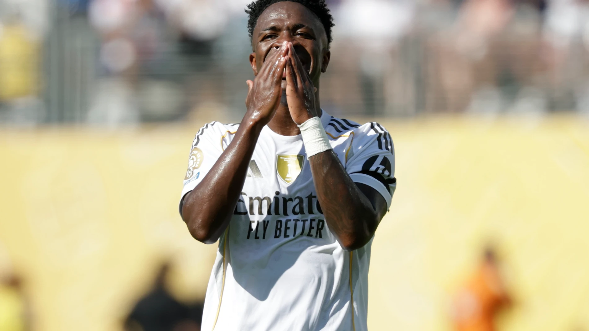 Real Madrid's Vinicius Junior reacts after missing a chance to score a goal during the Club World Cup quarterfinal soccer match between Real Madrid and Borussia Dortmund in East Rutherford, N.J., Saturday, July 5, 2025. (AP Photo/Adam Hunger)
