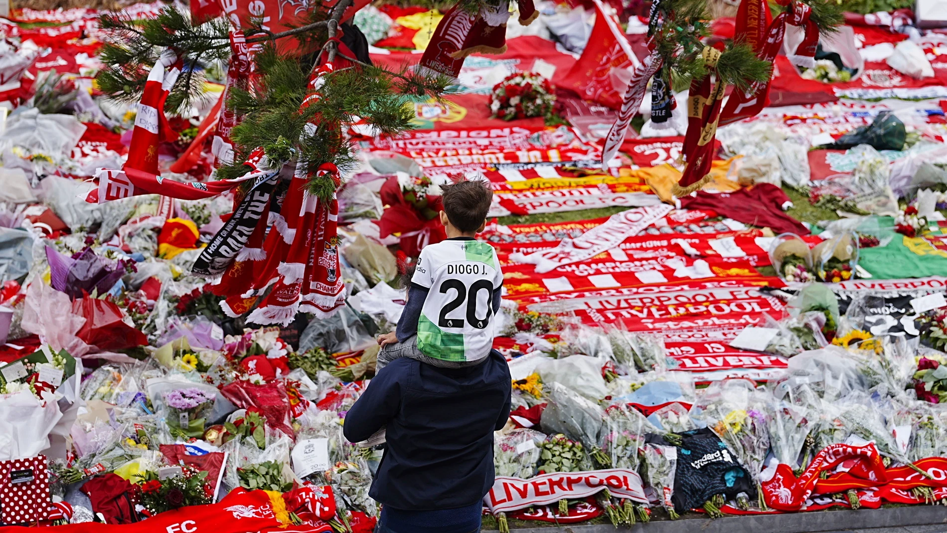 A boy wearing a jersey with the name of Liverpool and Portugal player Diogo Jota, sits on a man's shoulders as they look at tributes in memory of Jota, who died in a car crash with his brother in Spain in the early hours of Thursday, at Anfield Stadium, England, Sunday, July 6, 2025. (Peter Byrne/PA via AP)